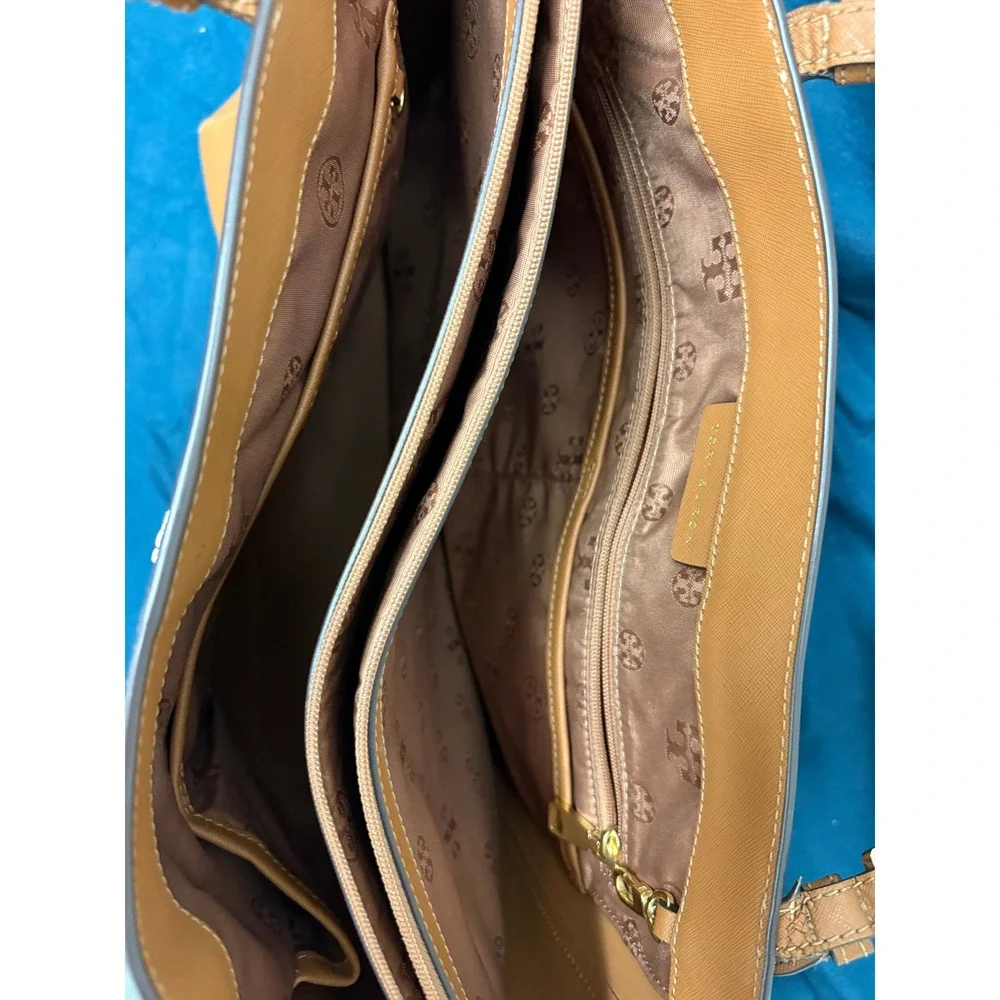 Tory Burch Emerson Tan Saffiano Leather Triple Compartment Tote Bag Large
